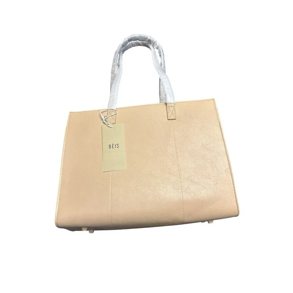 BEIS The Work Tote Color Beige Vegan Leather Laptop Commute New
